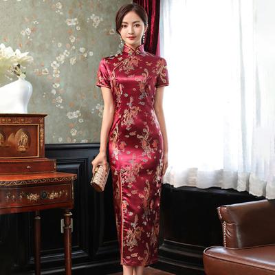 Mandarínský límec Krátký rukáv Diskové spony Dámské Cheongsam Čínský styl Výšivka Drak Fénix