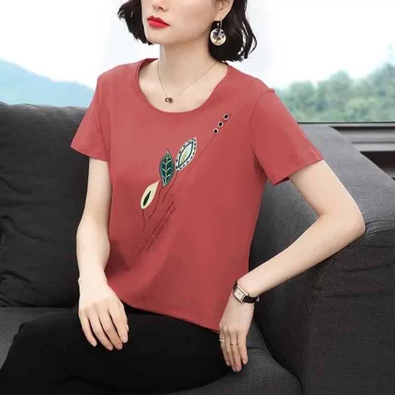 Women's Casual Short Sleeve T-Shirt Leaf Print Crew Neck Soft Cotton Top for Middle-Aged