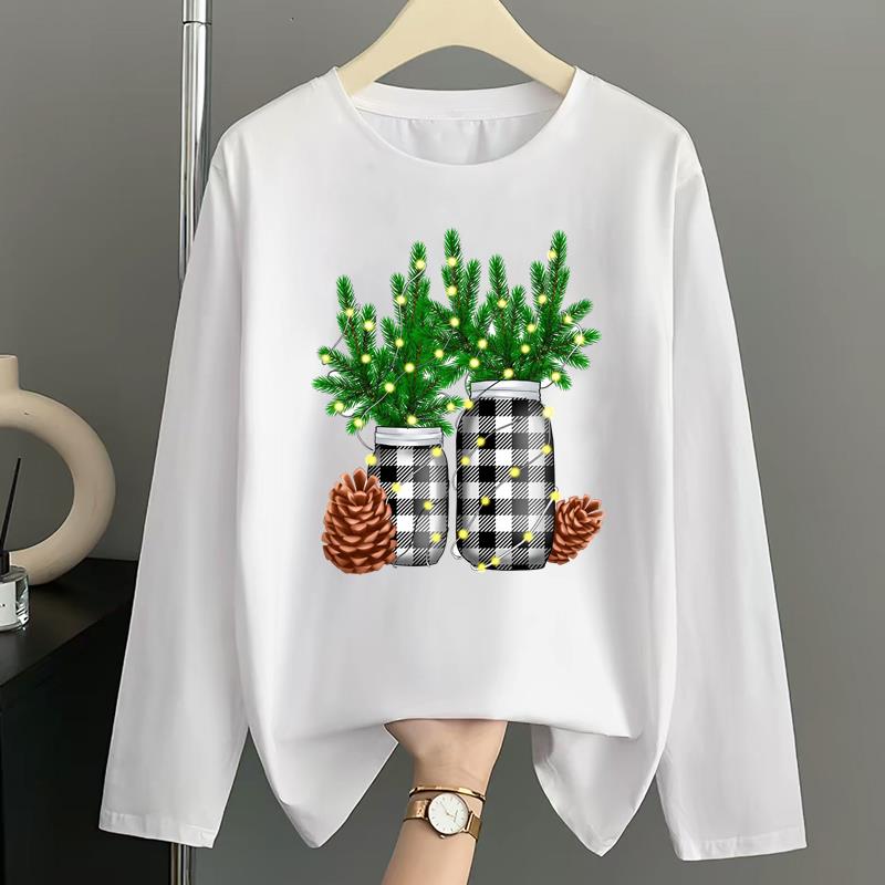(Asian Size) Women Autumn Winter Letter Sweet 90s Print T Shirt Christmas Holiday Graphic Tee Casual Fashion Top Clothing Long Sleeve T-shirts