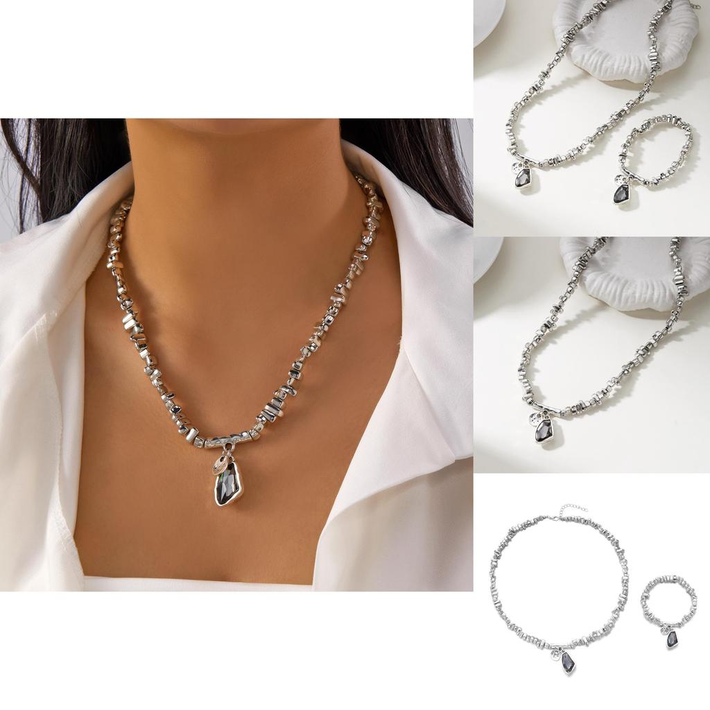 Cold Minimalist Titanium Finish Geometric Jewelry Set With Pendant And Chain For Ladies