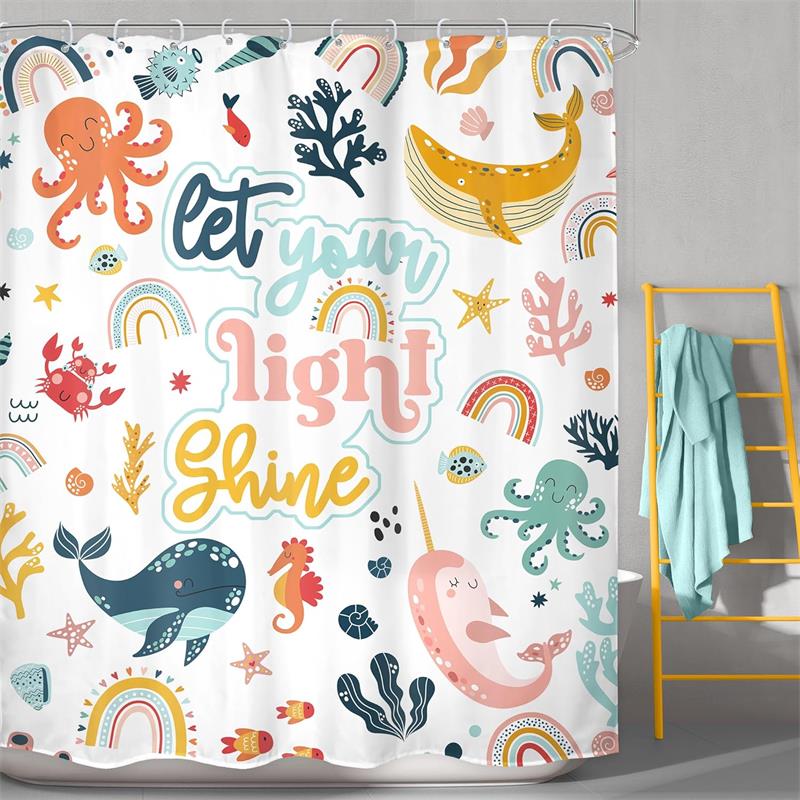 Funny Bathing Cat Dog Cartoon Shower Curtains Dolphin Octopus Sea Turtle Starfish Ocean Animals Bath Curtain Kids Bathroom Decor