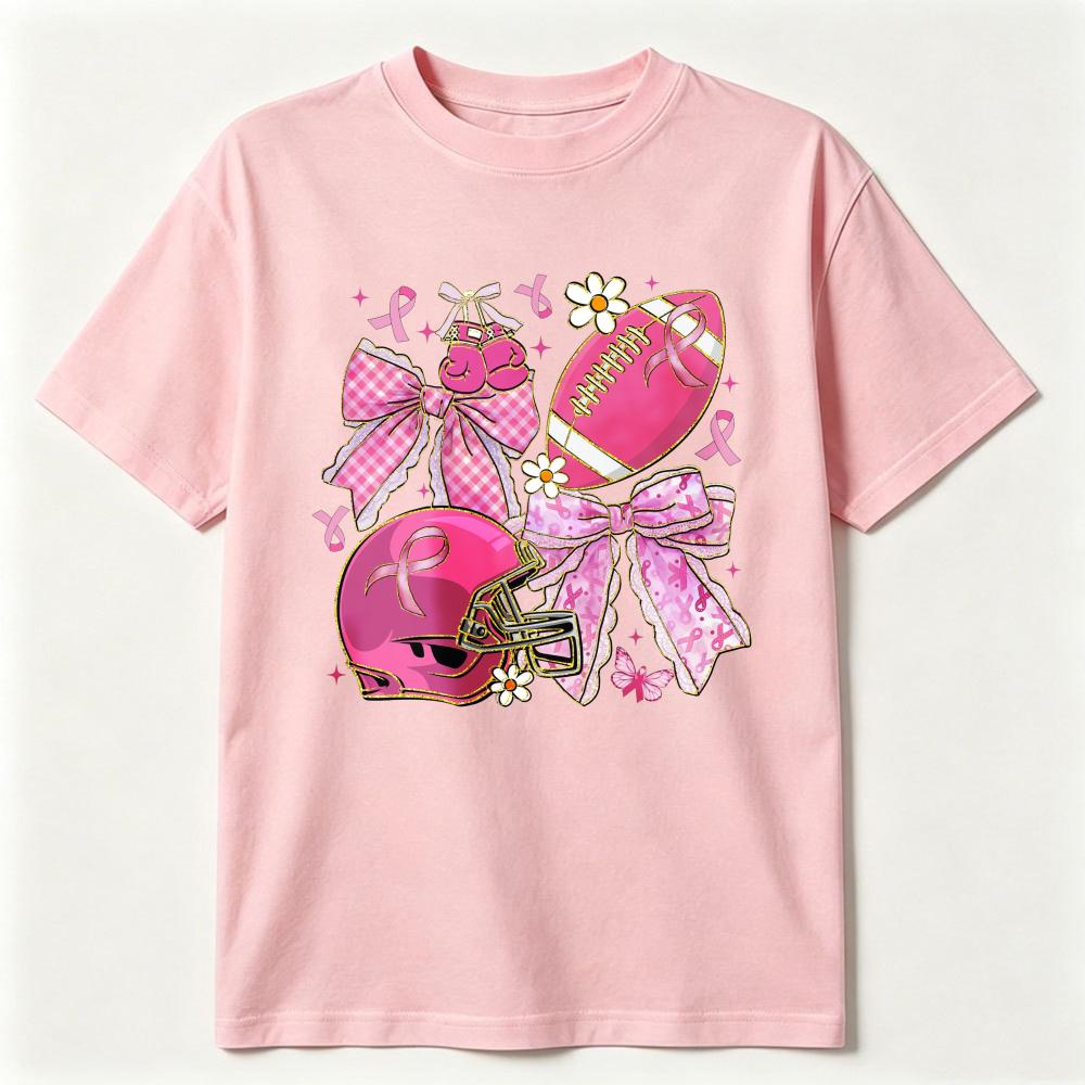 Preppy Football Breast Cancer Graphic T Shirt Coquette Breast Cancer Awareness Tee Ribbon Cheer Football Mom Girly Game Day Tops