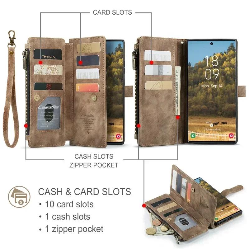 CaseMe Flip Leather Phone Case For Samsung Galaxy S26 Ultra S25 Edge S24 FE S23 S22 S21 S20 Plus S10 Note 20 Ultra Zipper Wallet Card Bag Cover Coque
