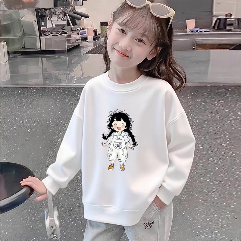 Mädchen Weißes Baumwoll-Langarm-Sweatshirt – Locker, Vielseitiges Oberteil mit Aufdruck für Frühling/Herbst