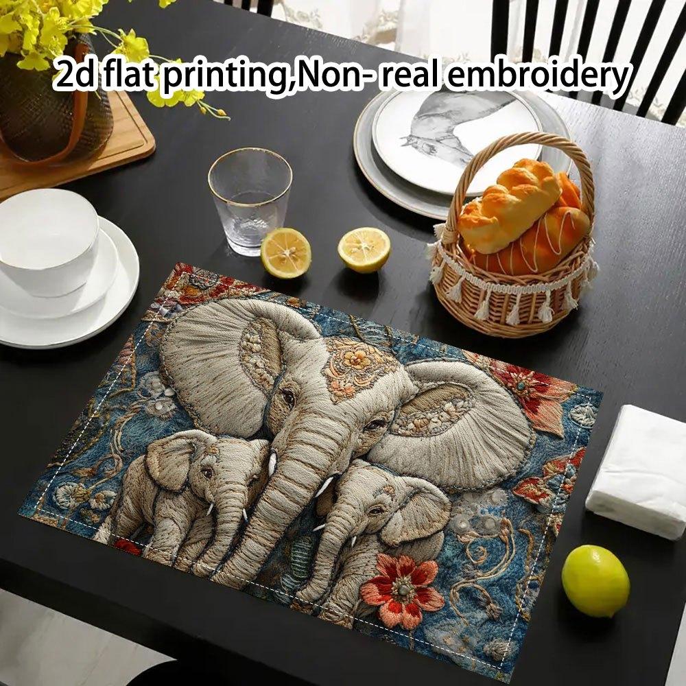 4pcs, 2D Flat Printing, Non-Real Embroidery Holy and Elegant Elephant Placemats, Fashion Printed Pattern Table Mats, Used for Dining Tables, Kitchens,