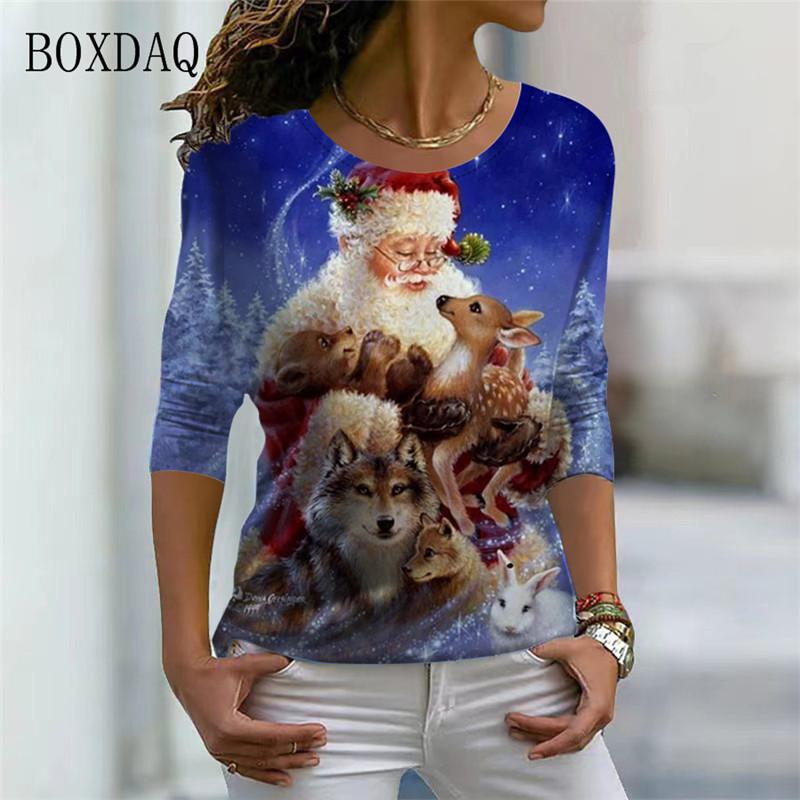 Santa Claus And Snowman Pattern Women Streetwear T-shirts Autumn Winter Long Sleeve 3d Print Christmas Style Ladies Casual Tops