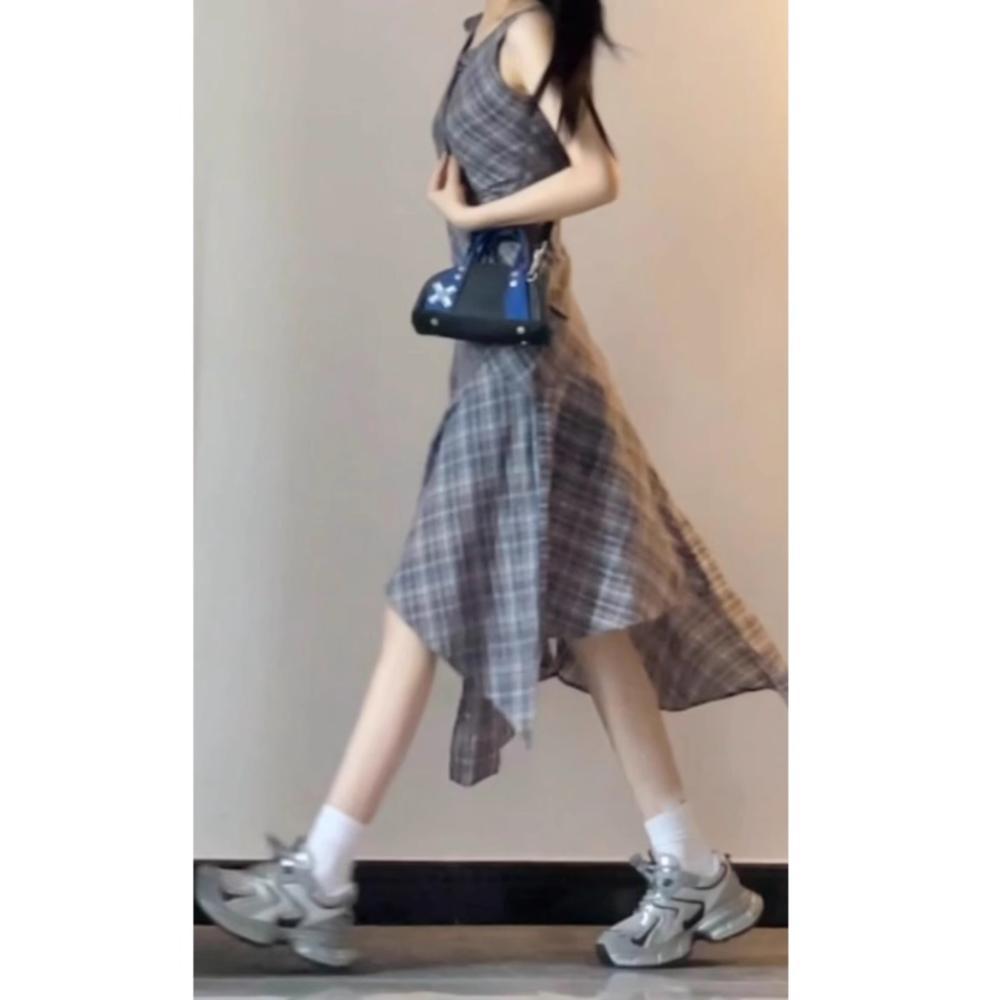 

Клетчатое платье-жилет без рукавов женское летнее новое универсальное женское с нерегулярным темпераментом длинное платье XL- (recommended 110-60kg)