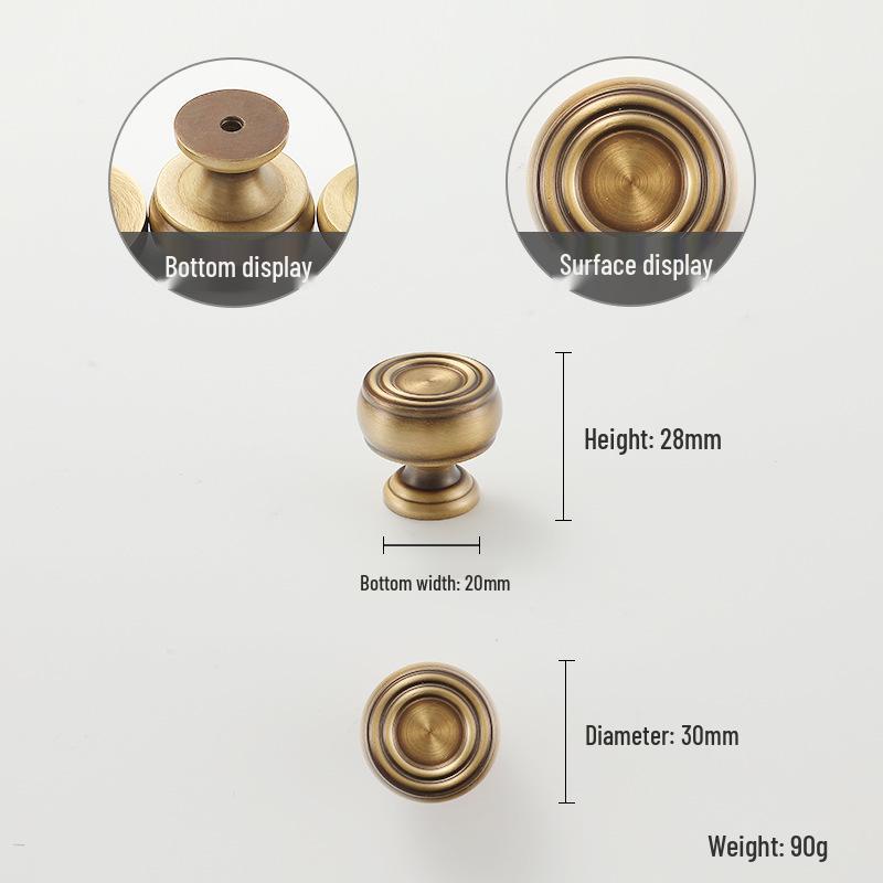 Yellow Bronze Retro French Cabinet Handle - Pure Copper for Wardrobe and Drawer