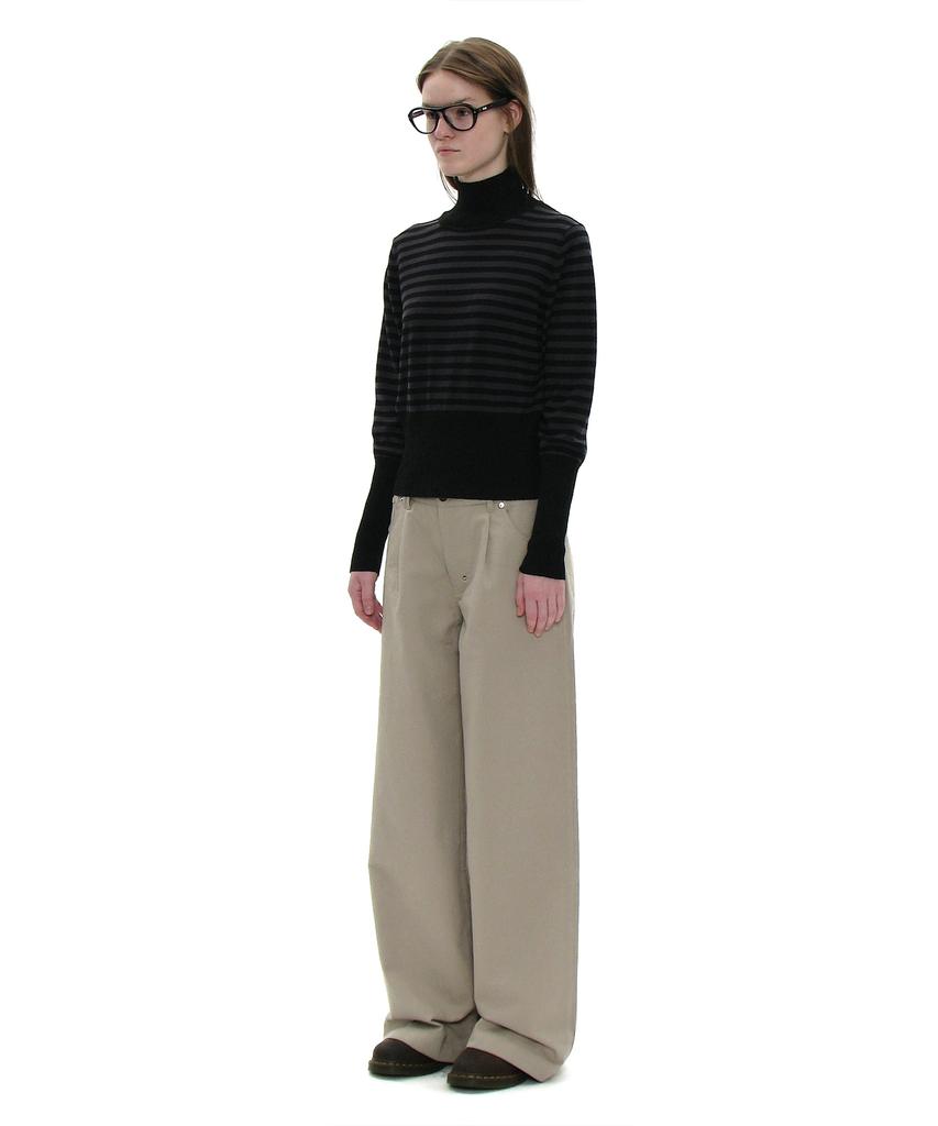 PARTIMENTO WOMEN Pwc High-Neck Back Button-Up Knit Top_Black Stripe