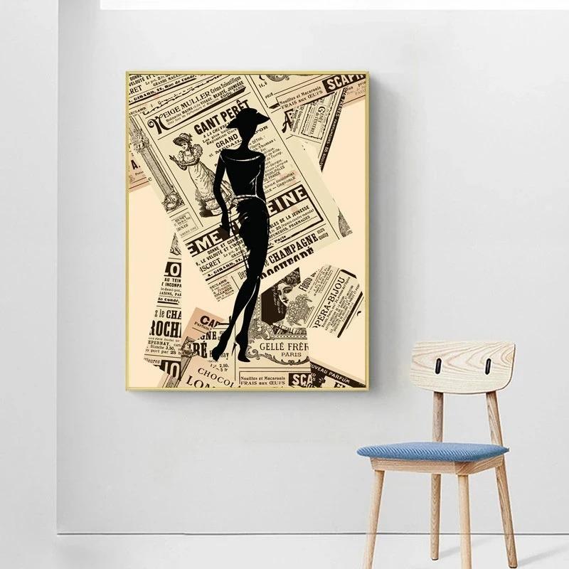 Abstract Fashion Girl In Newspaper Canvas Painting Vintage Poster and Prints Nordic Wall Art Picture for Living Room Home Decor