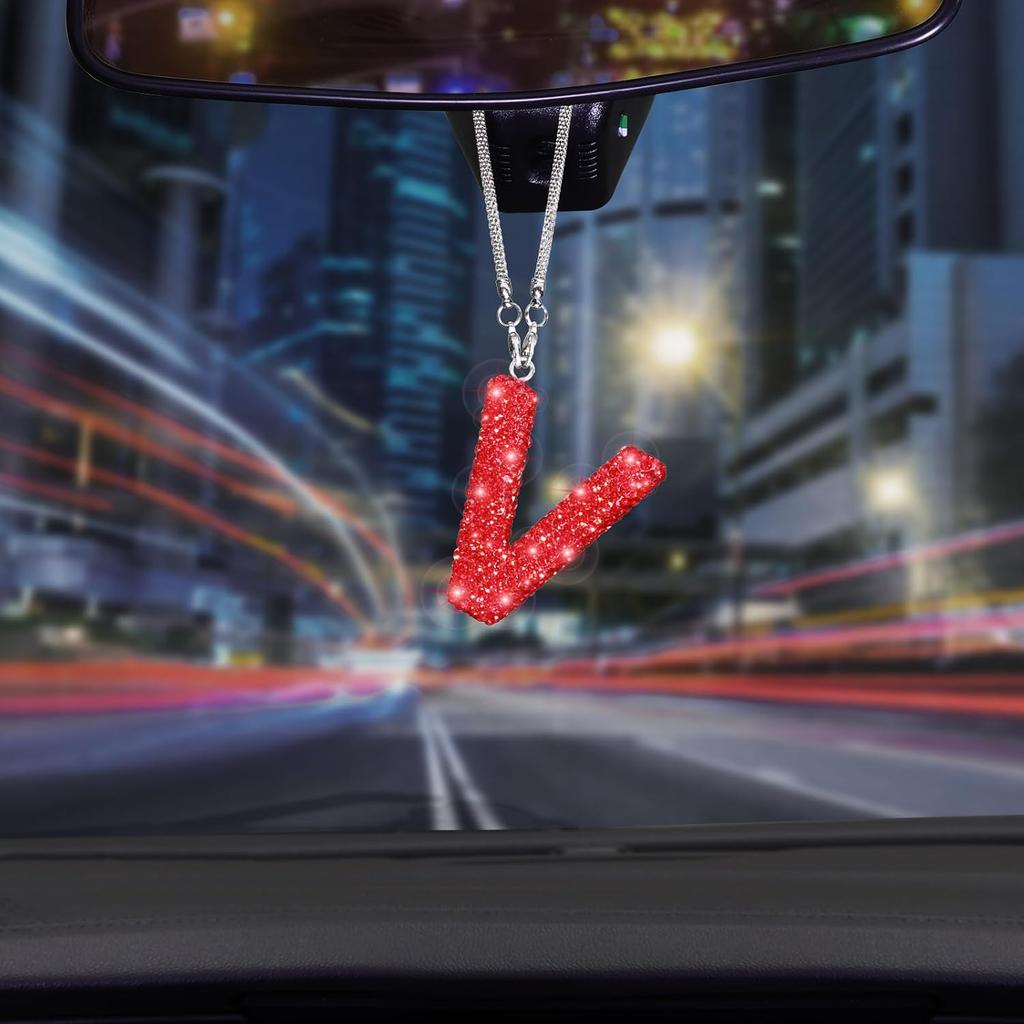 Bling Hanging Car Accessories, Diamond Crystal Rhinestone Mirror Hanging Letter A Pendant, Cute Lucky Red Bling Car Ornament for Women (Red,A)