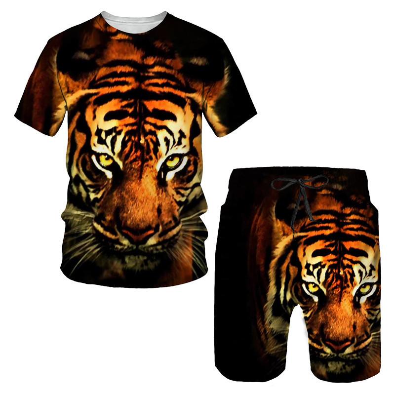 Summer Tiger 3D Printed T-shirt/Suit O Collar Men's Short Sleeve Beach Pants 2 Piece Suit Sportswear Casual Fashion Shorts