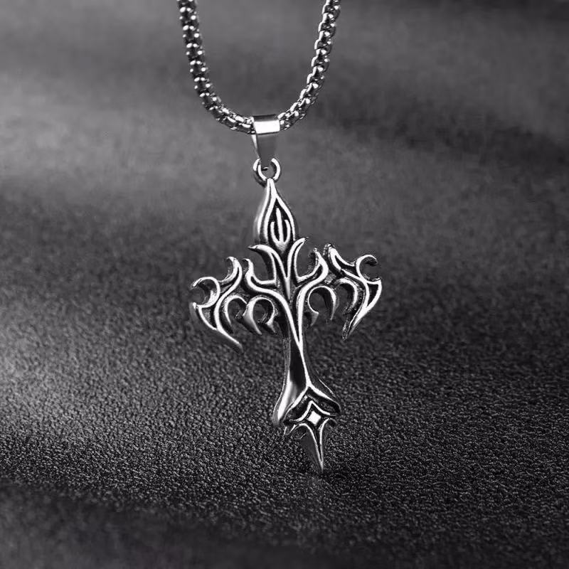 1PCS Fashion Retro Flame Cross Pendant Necklace Men's and Women's Long Chain Punk Gothic Fashion Accessories