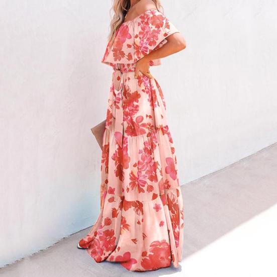 Dámské šaty s odhalenými rameny, květinový potisk, tenké, velký lem, pásek, maxi šaty, streetové oblečení