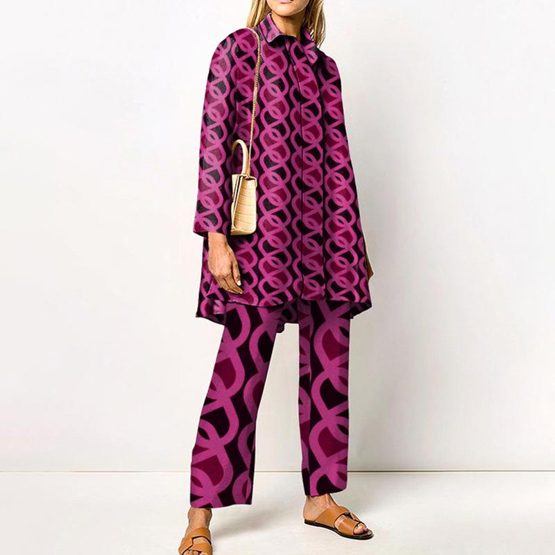 Grünes geometrisches Print Damenhemd und Wide Leg Hosen Kombinationsset