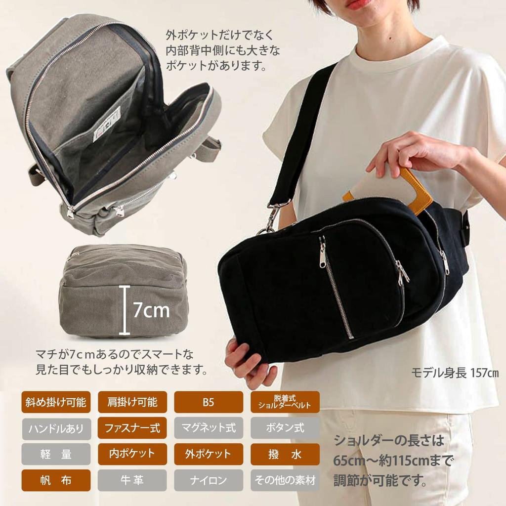 Hinomoto Canvas One-Shoulder Moss Green Body Bag (Fits B5 Sizes Water-Repellent Made in Japan)