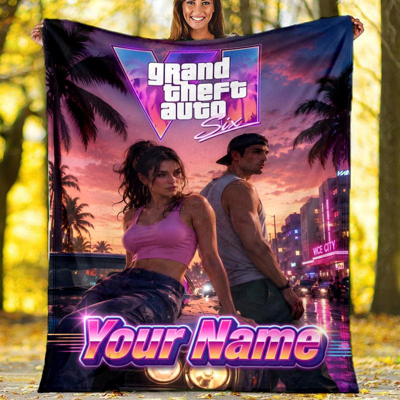 1pc Personalized Name GTA Theme Blanket - Digital Print, Polyester, Cozy for All Seasons, Perfect for Outdoor, and Travel