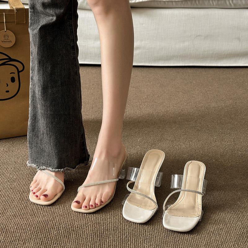 High heels women's outer wear 2025 summer new fashion round head thick heel Internet celebrity crystal slippers women's sandals women