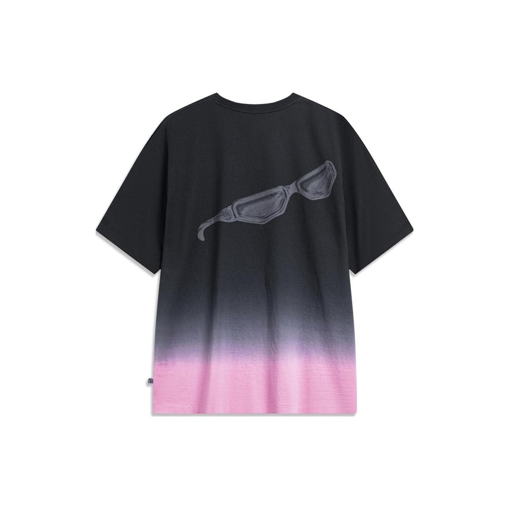 Li Ning Badfive Seven Cities Collaboration Gradient Letter Round Neck Loose Short Sleeve T-Shirt Unisex T-Shirt Black Xianxia-Pink AHST877-1