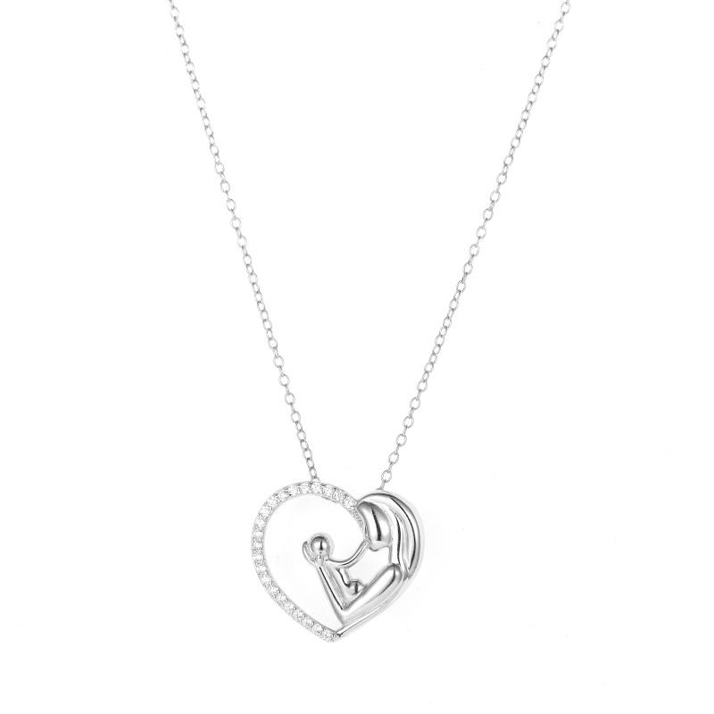 Mother with Child Real Zircon Heart Pendant In Sterling Silver Mothers Day GIft