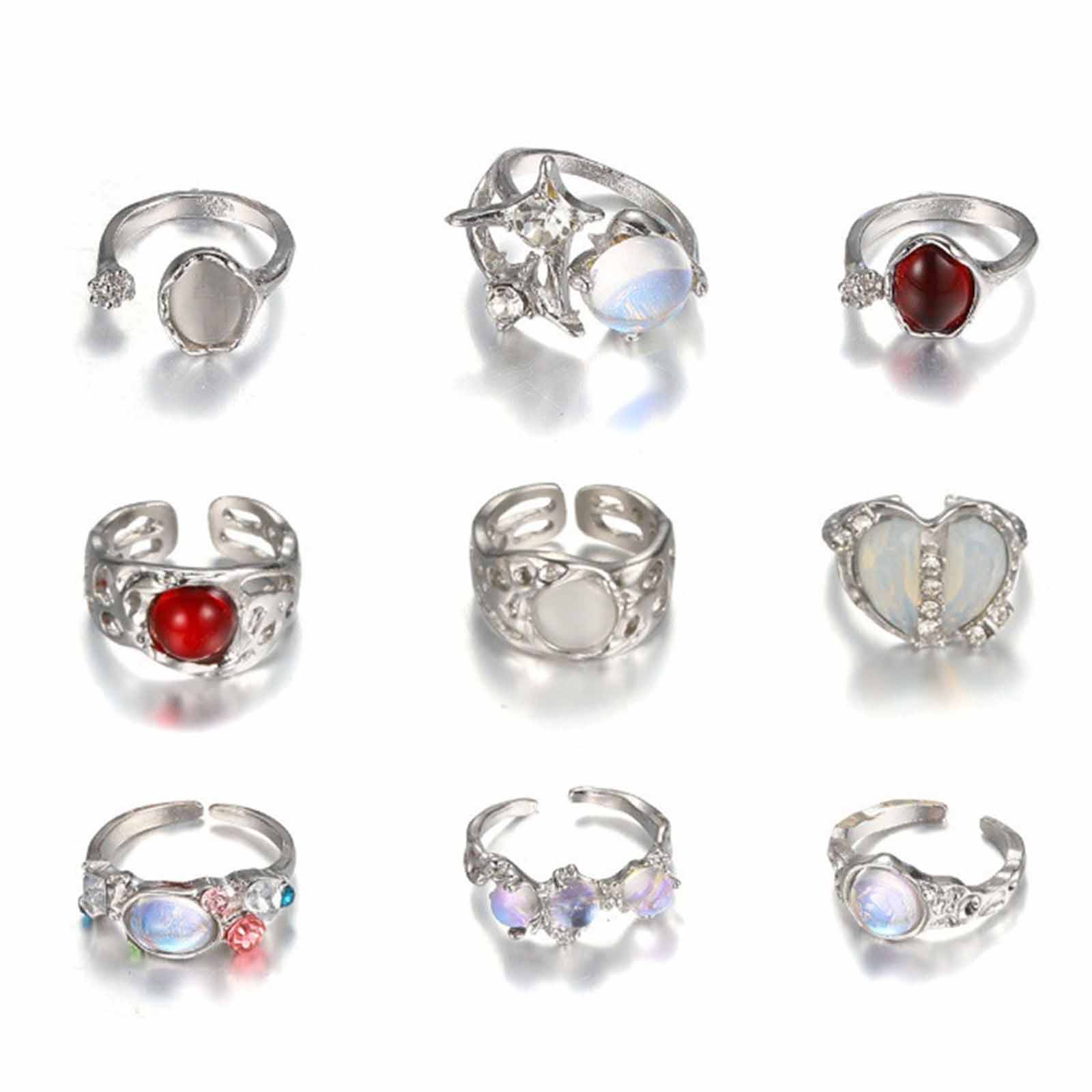 

9 шт. посеребренные кольца с лунным камнем для женщин-подростков изящные открытые кольца в форме сердца хрустальные стразы ювелирные изделия подарок
