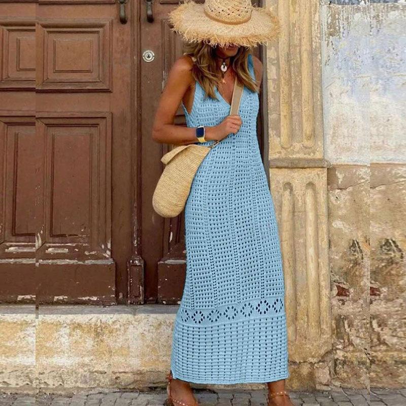 Women's Scoop Neck Sleeveless Crochet Maxi Dress Bodycon High Waist Casual Beach Cover Up