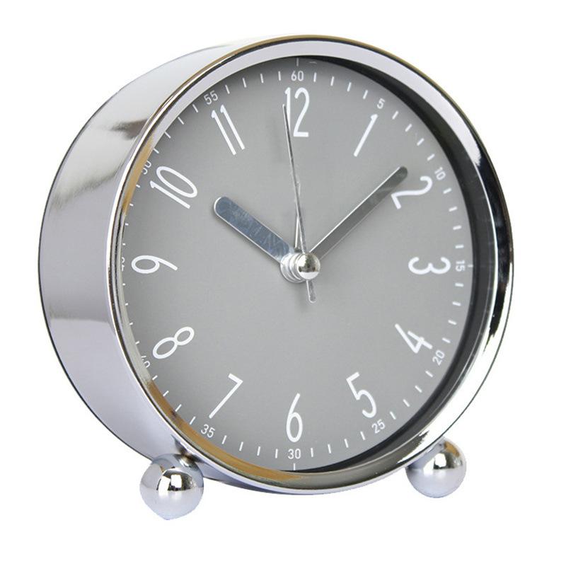 Round Electroplating Alarm Clock Study Desk Pointer Type Quartz Clock Bedside Table Clock Metal Alarm Decoration Clock