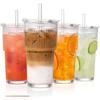 Reusable Ribbed Glass Tumbler - 450ml Iced Coffee Cup with Lid & Straw, Vintage Striped Design for Smoothies & Boba