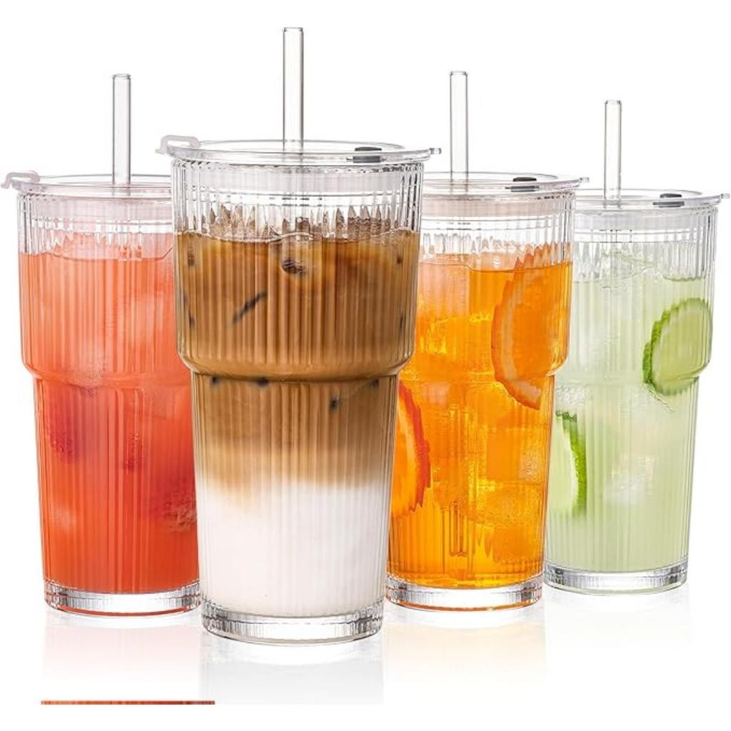 Opakovaně použitelný žebrovaný skleněný pohár - 450ml hrnek na ledovou kávu s víčkem a brčkem, Vintage pruhovaný design pro smoothies a boba