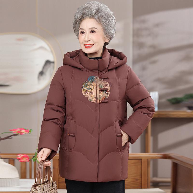 Chinese Style Hooded Down Jacket for Women, Warm Winter Coat for Middle-Aged and Elderly Mothers.