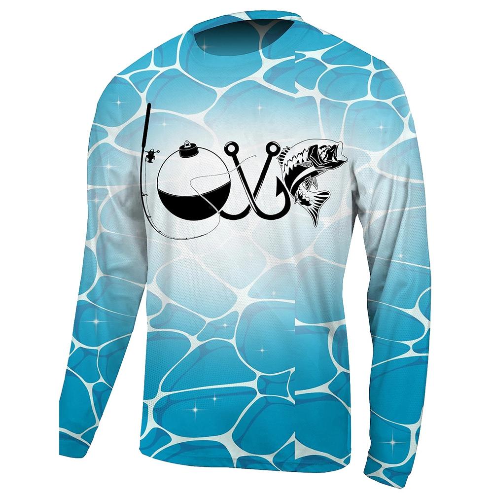 2024 Men's Fishing Shirt Long Sleeve Piranha Sea Wave Print Outdoor Running Training Breathable O Neck T-Shirt Fishing Clothing