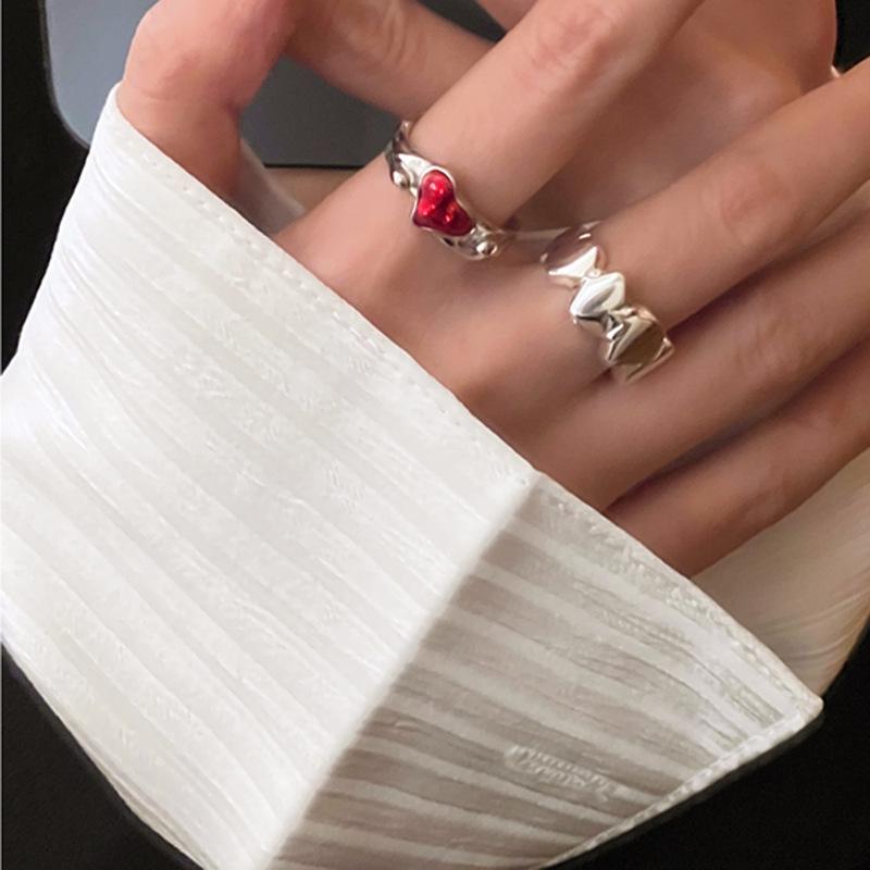 Korean Style Red Heart Adjustable Geometric Stackable Women's Ring - Trendy Hip Hop Fashion