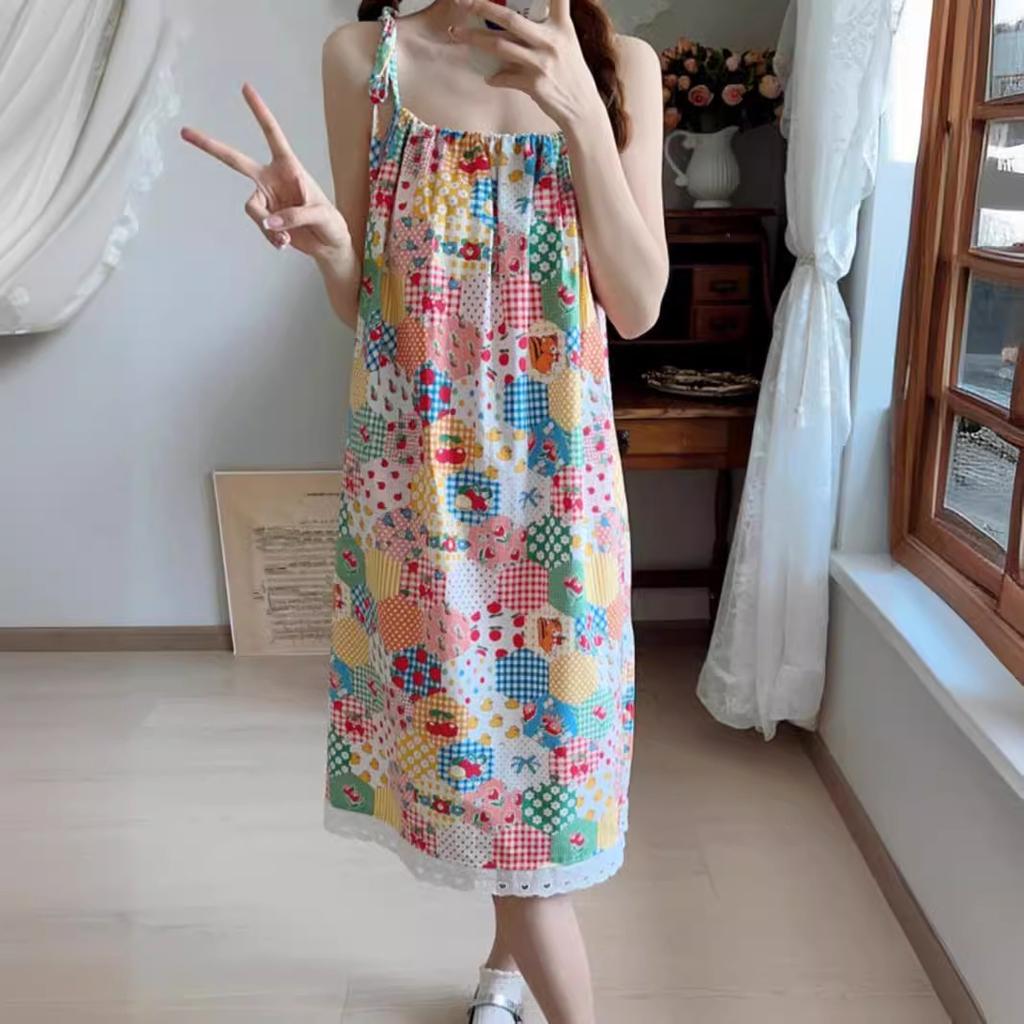 Summer Lace Lace Sweet Age-reducing Printing Suspender Dress Women's New Splicing Loose Medium and Long Dress