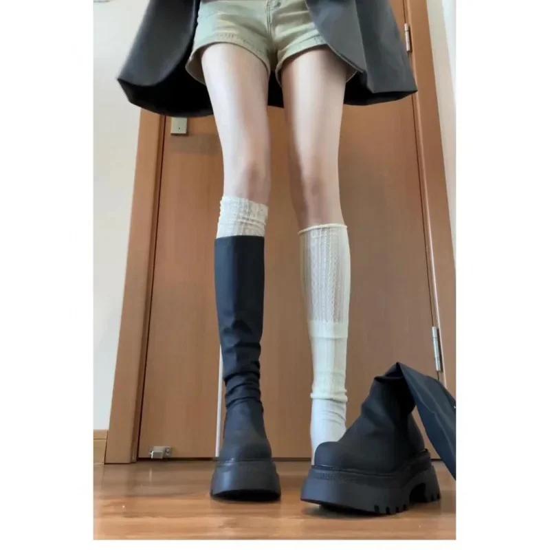 Mode „Light Punk Vibe“ Schwarze Langstiefel mit dicker Sohle, Stulpen-Socken-Stil, Perfekt für lässige & Herbst-Winter-Looks