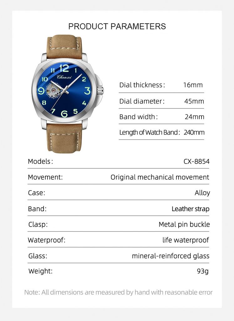 CHENXI 8854 New Band Watches 45mm Men Watch Stainless Steel case Men's Vintage Mechanical Watch SKY BLUE Dial Leather Bracelet