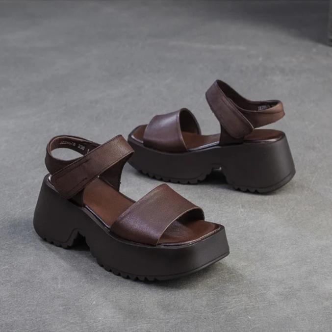 Johnature Retro Sandály s otevřenou špičkou a čtvercovou špičkou na silné podrážce, z pravé kůže, pohodlné dámské platformové boty