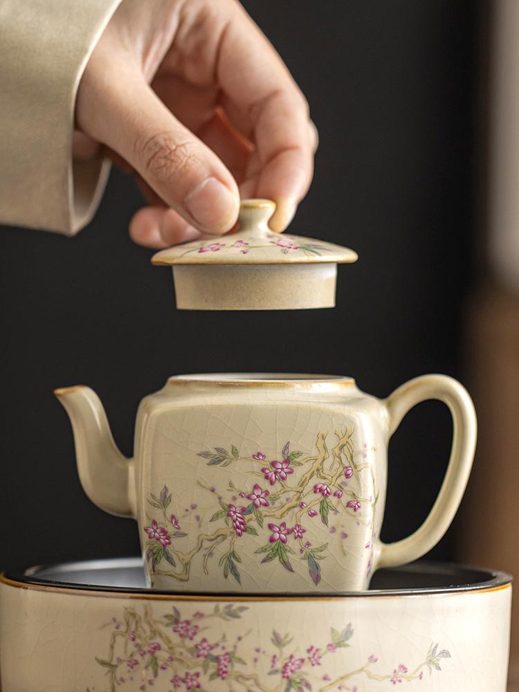 175ML Beige Ru Kiln Peach Blossom Branch Hanfang Teapot High-end Teapot Kungfu Tea Set Opening Can Raise Tea Maker Tea Ceremony