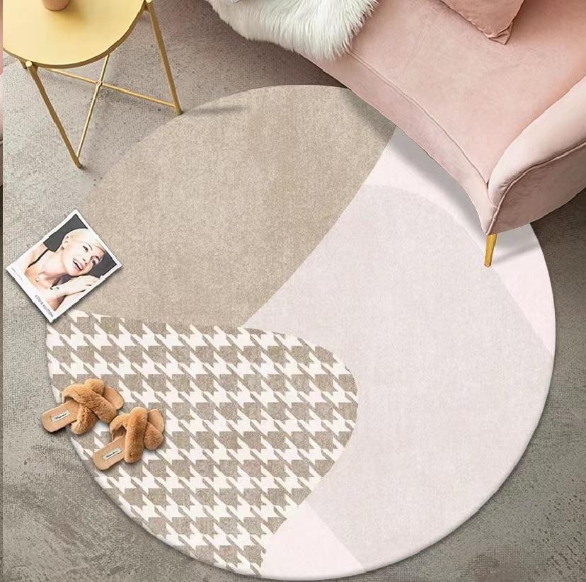 Okrągły dywanik z nowoczesnymi geometrycznymi wzorami, abstrakcyjnymi kształtami, minimalistyczny styl skandynawski, miękki, trwały, dekoracja podłogi do salonu