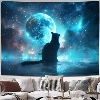 2D Mystical Cat Silhouette Tapestry, Cosmic Night Sky Wall Art for Living Room