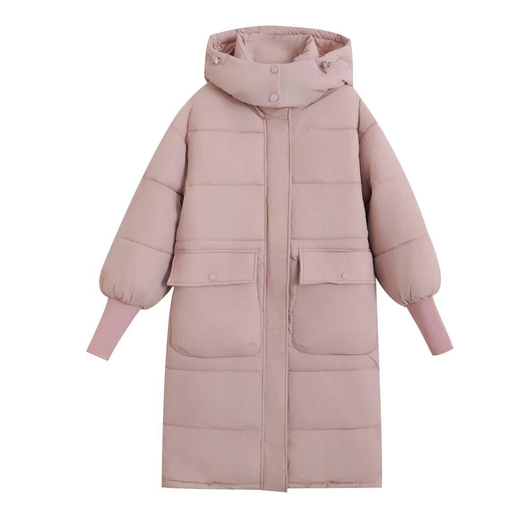 

Женская длинная хлопковая куртка с капюшоном и двумя карманами для зимы, свободная и теплая, ветрозащитное пальто выше колена с рукавами из ниток XL розовый