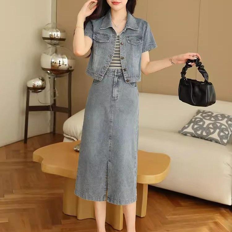 Stylish Summer 2026 Women's Denim Midi Skirt & Jacket Set