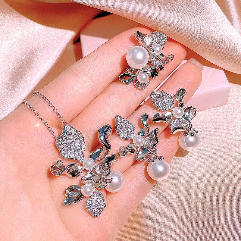 

100% Срібло 925 проби Весільний Довге Перлове Намисто Сережки Каблучка Підвіска Набір Жіночий Заручини Весілля Вечірка Подарунок 10 срібний