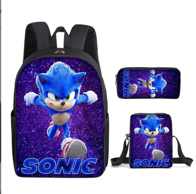 Sonic Primary School Student Schoolbag Three-Piece Set, Animation Cartoon Backpack, Shoulder Bag Pencil Case