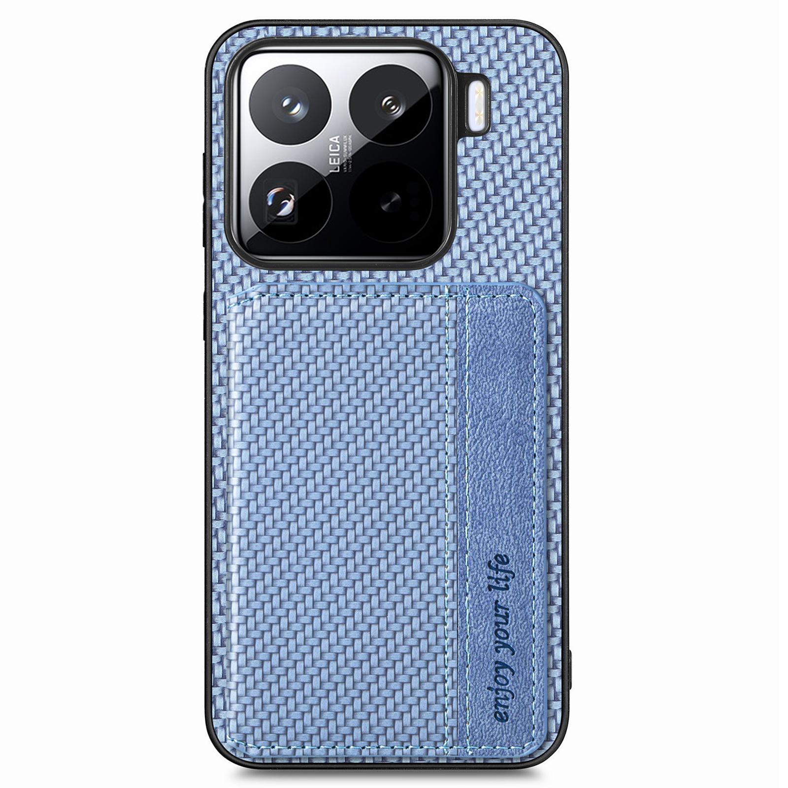 

For Xiaomi 15 Case RFID Blocking Card Holder Carbon Fiber Leather+PC+TPU Phone Cover Blue