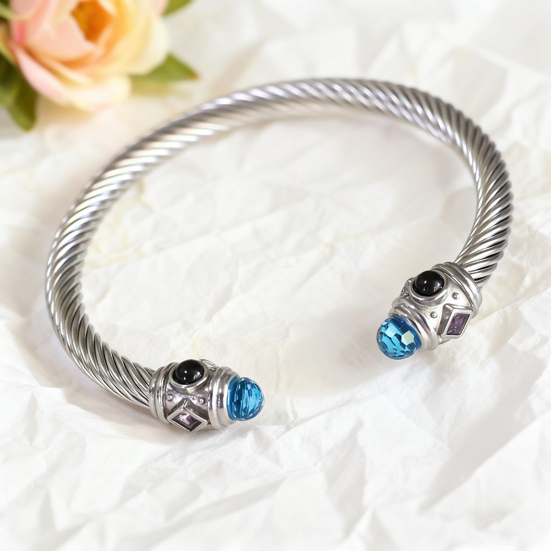 

2026 Fashion European and American Steel Wire Bracelet Women s Geometric Niche Inlaid with Colored Diamonds Opening Does Not Fade 18k Gold Bracelet 18CM