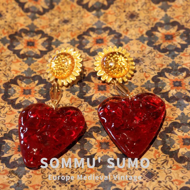 Handmade love glass gold circle earrings women s niche high-end sunflower series