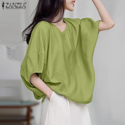 Damska codzienna bluzka z okrągłym dekoltem, w jednolitym kolorze, z rękawem do połowy ramienia