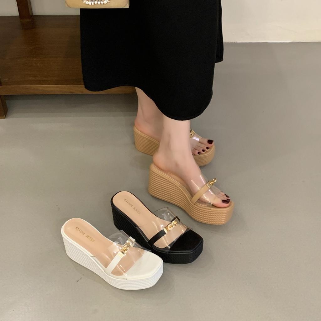 2026 Internet Celebrity Summer New Fashion Outer Wear Thick-soled Wedge Sandals Waterproof Table Women's Shoes Transparent High-heeled Cool Slippers