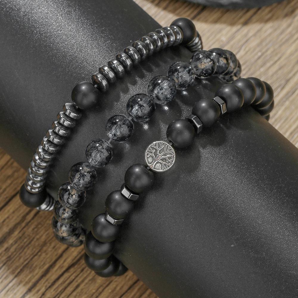 Men's Retro Hip Hop Black Agate Beaded Bracelet Set