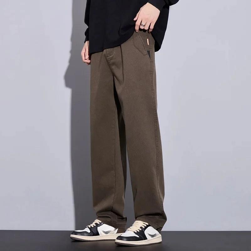 Autumn Winter Fleece-Lined Thickened Loose-Fit Straight-Leg Casual Pants Men's Fashionable Versatile Light Business Trousers Wid